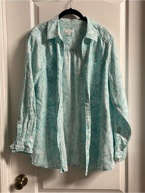 Charter Club Linen Light Aqua Paisley Button-Down Shirt